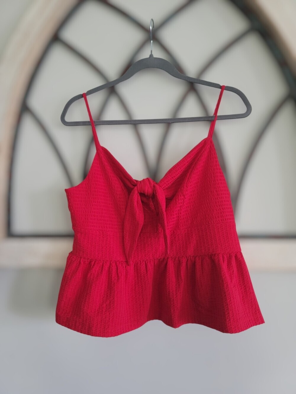 *NWT* LOFT 100% Cotton Textured Tie Front Cropped Cami, Red, Sz L - Picture 2 of 5